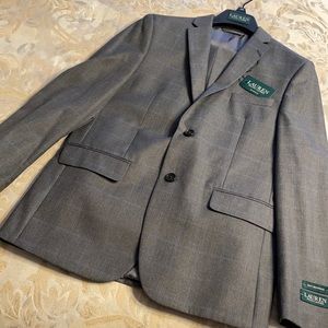 RALPH LAUREN BOYS SIZE 18R GREY WINDOWPANE SUIT - 2 PIECE - BRAND NEW